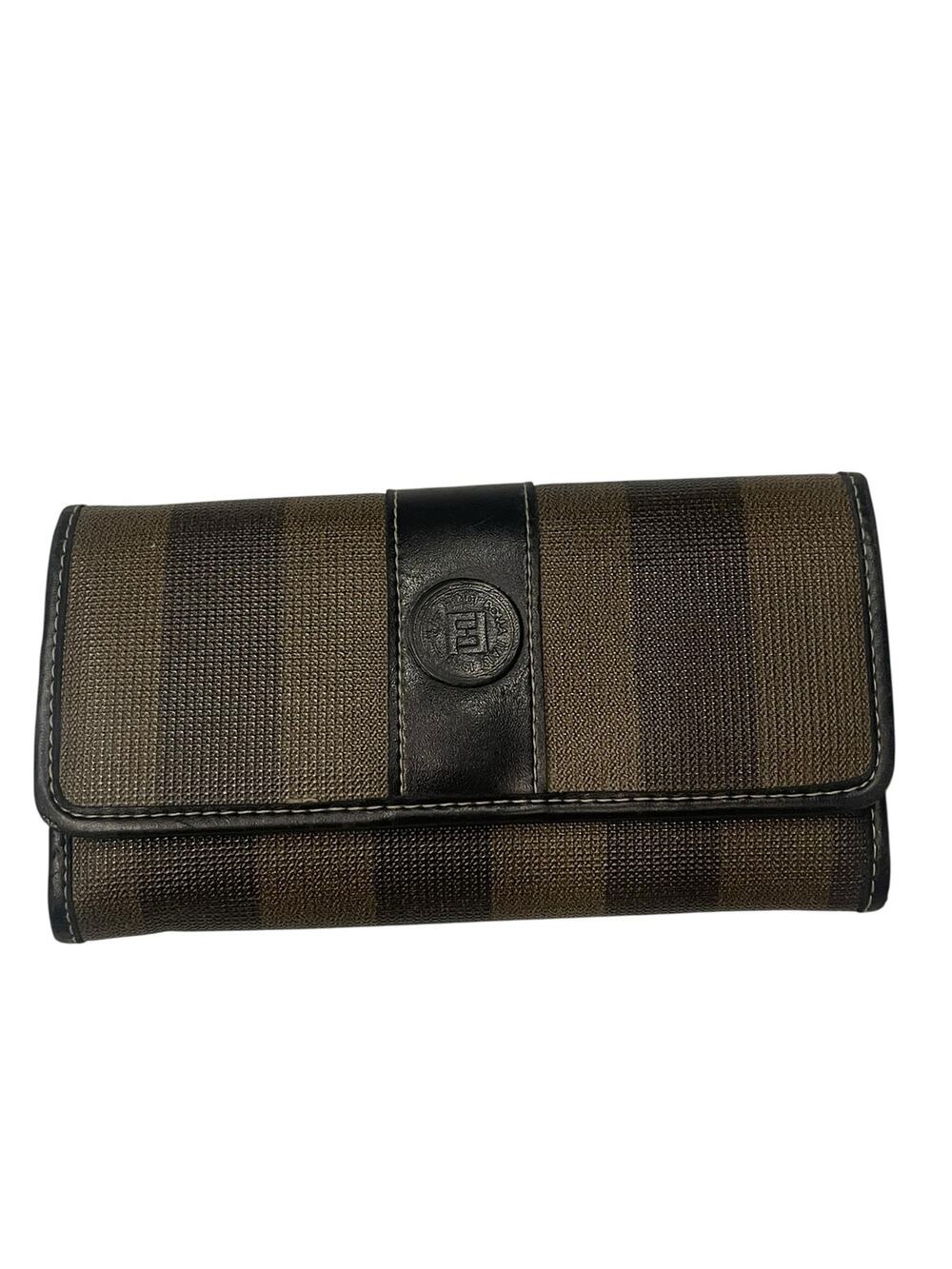 Fendi continental wallet features the classic tobacco and black Pequin striped